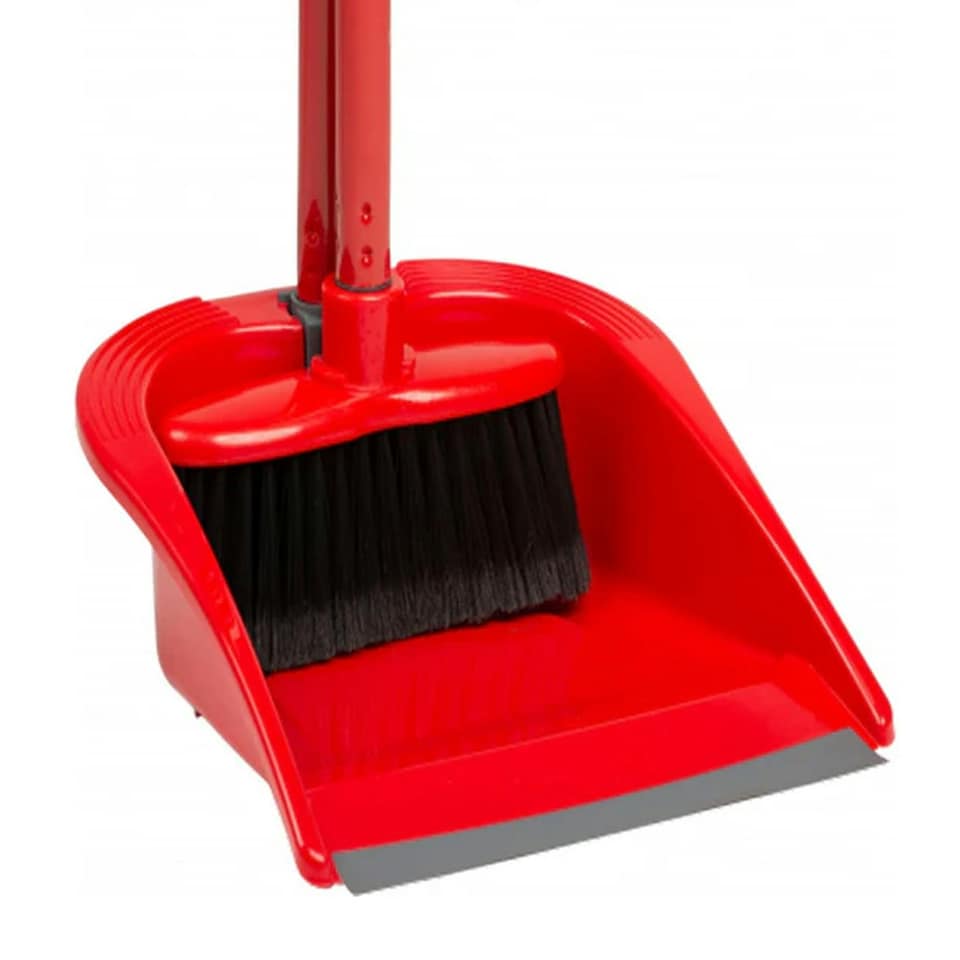 image 1 of 2 Sets of Tall Long Handled Red Dustpan & Brush Set For Indoor Sweeping Home & Kitchen Red