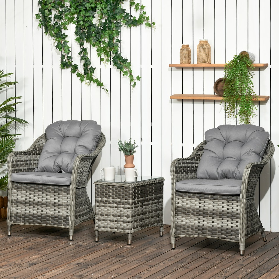 image 1 of Outsunny 3 Pieces Rattan Bistro Set, Wicker Garden Bistro Set, Glass Top Balcony Table and Chairs with Cushions for Outdoor, Patio, Balcony, Grey