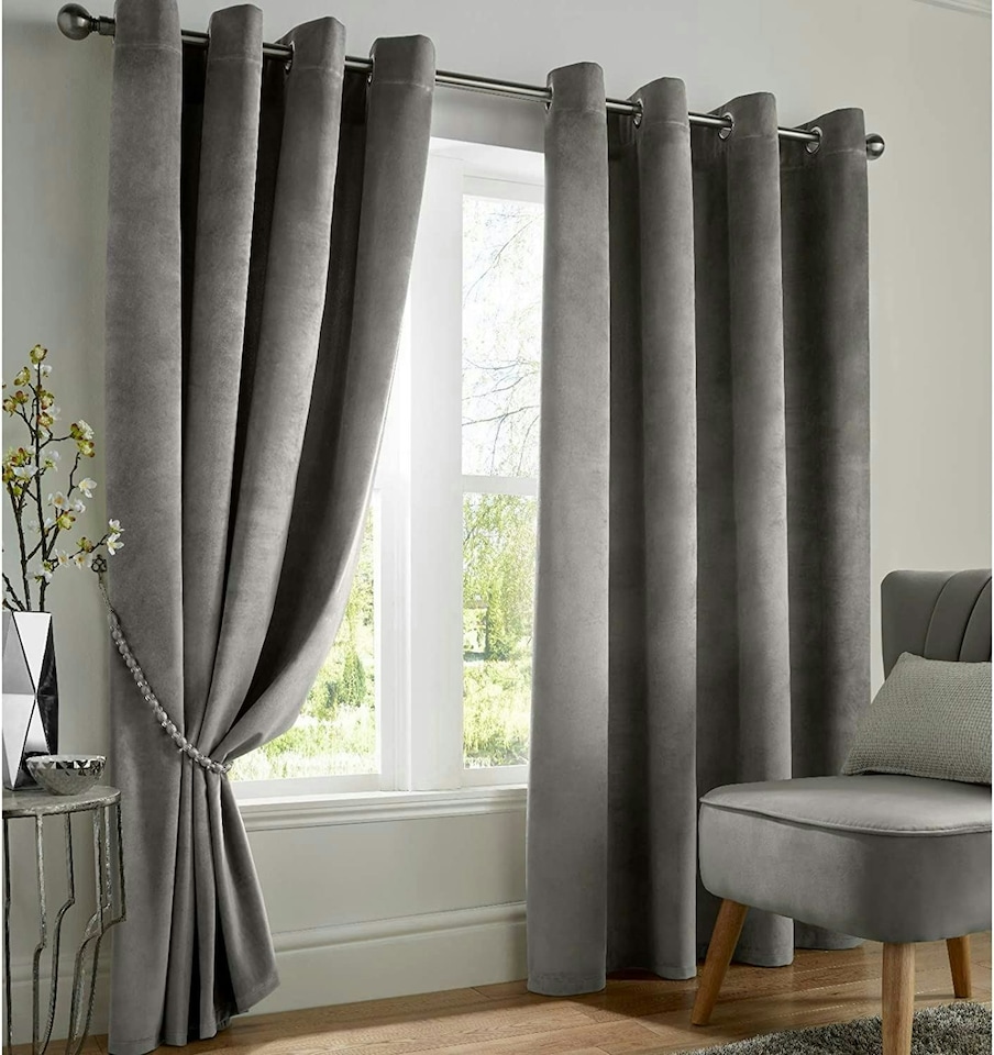 image 1 of Velvet Blackout Eyelet Curtains - Silver 116 cm x 137 cm