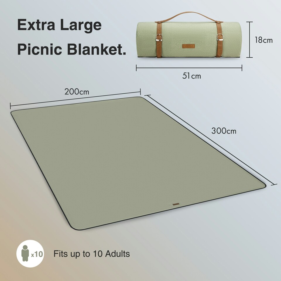 image 1 of VonShef Picnic Blanket, Large Green Herringbone Rug with Waterproof Back, 300x200cm Green