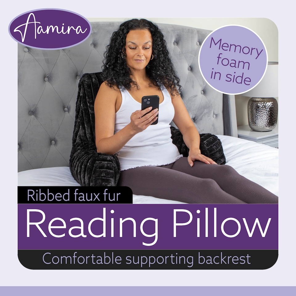 image 1 of Aamira Reading Pillow Black Faux Fur Ribbed Memory Foam Support Cushion | Black | Black | Standard | 1