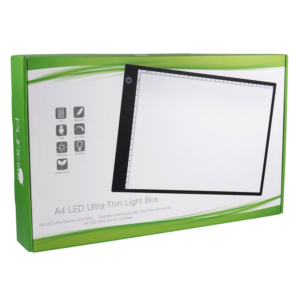 image 1 of PURElite LED Ultra-Thin Light Box - A4 Pad for Tracing & Crafts, 3 Brightness Settings, Mains & USB Operated