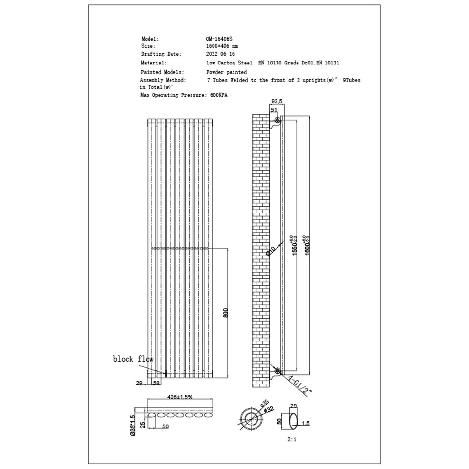 image 1 of Omeara Axis - Black Horizontal Radiator H406mm x W1600mm Single Panel
