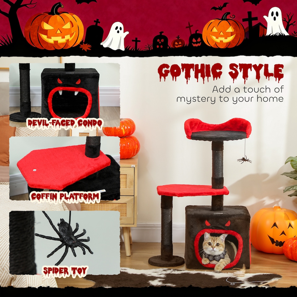 image 1 of PawHut Gothic Cat Tree with Scratching Posts, Black, Halloween