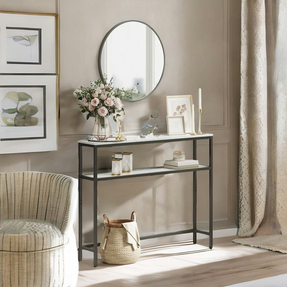 image 1 of Industrial Slim Console Table With 2 Shelves Marble Effect White White