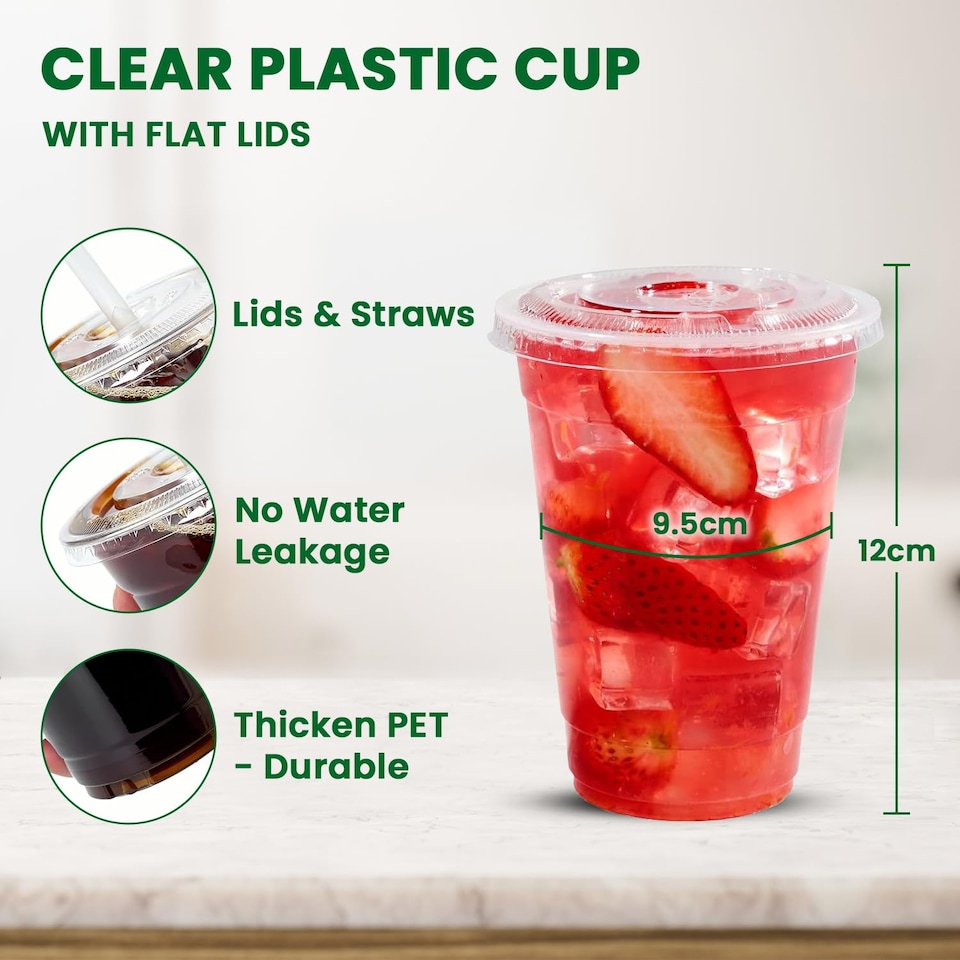 image 1 of ECONX 16oz Clear Plastic Smoothie Cups with Flat Lids Reusable for Smoothies, Juice, Milkshakes 50pk