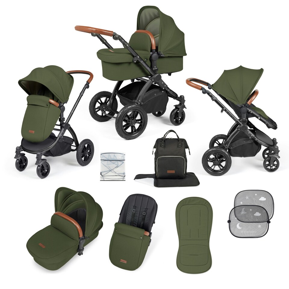 image 1 of Stomp Luxe 2-in-1 Pram – Birth to Approx. 4 Years, Foldable, All-Terrain, Rain Cover, Footmuff, Puncture-Proof Wheels & More (Black/Woodland/Tan)