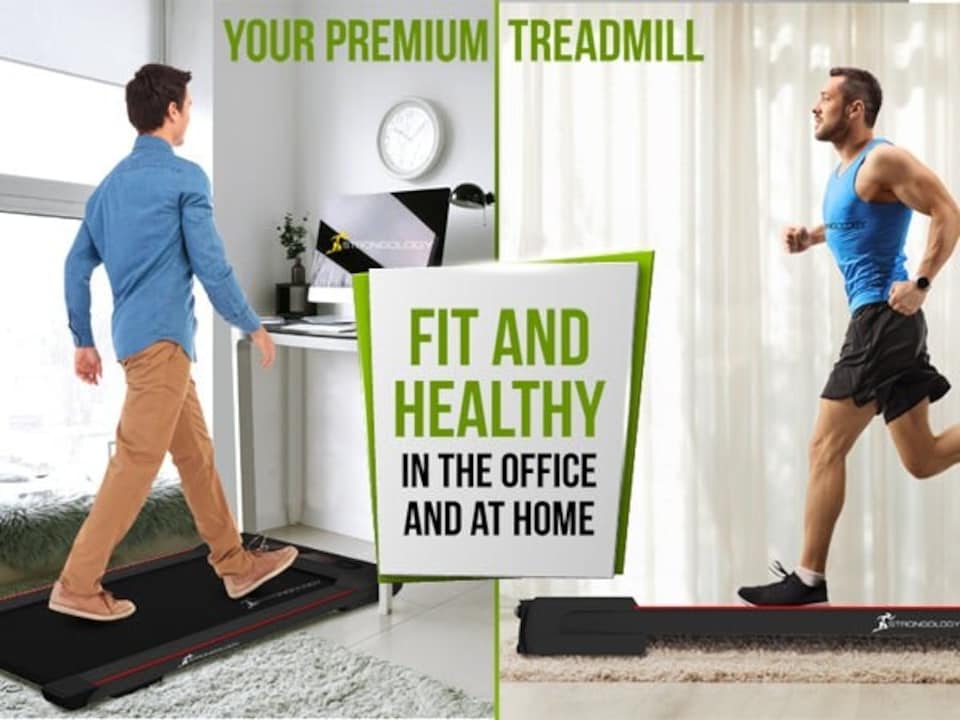 image 1 of Strongology MOTIONIC BLACK Home and Office Ultra Quiet Adjustable Speed 1-8km/h Slimline 2.5HP Bluetooth Treadmill with LED Display - Fully Assembled