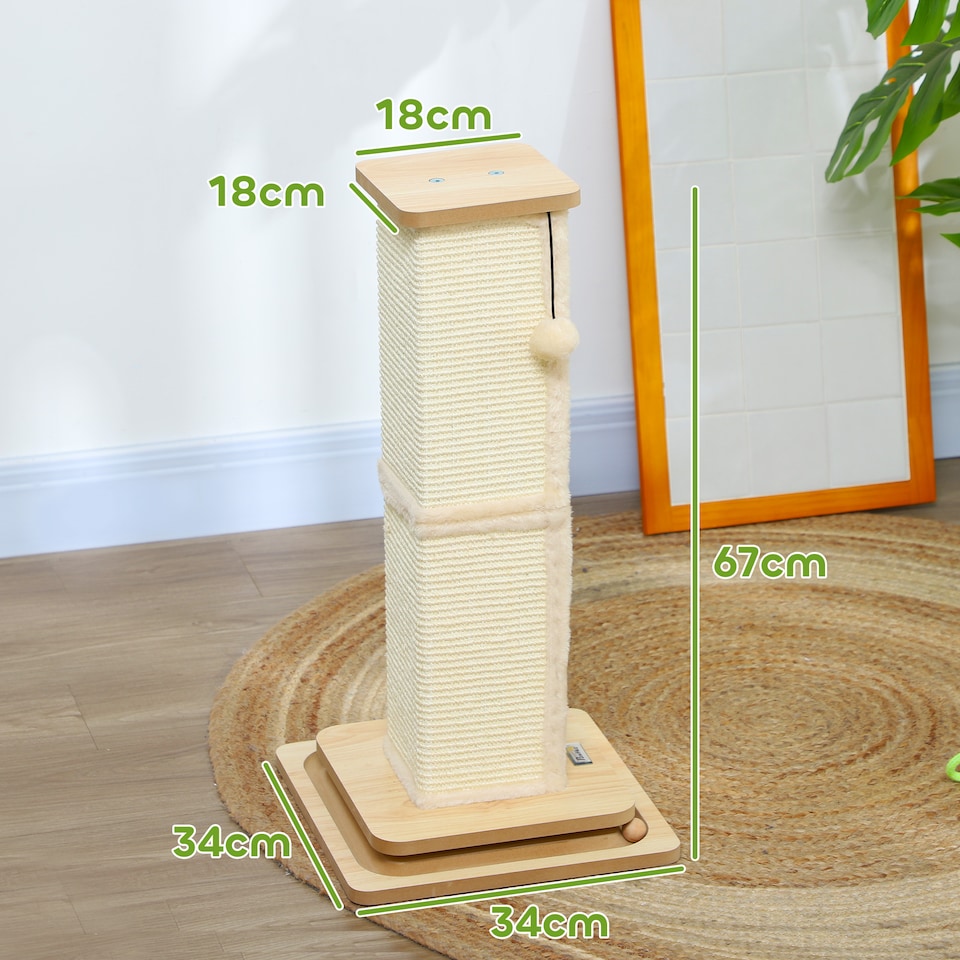 image 1 of PawHut 3-in-1 Cat Scratcher Post with Sisal Track Ball Toy, Light Oak