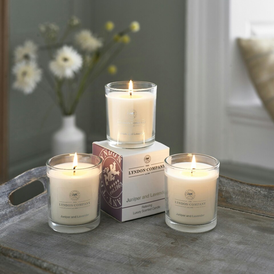 image 1 of Luxury Set of 3 Scented Candles – 4 Purposefully Crafted Scents for Mood & Wellness Pink | Juniper & Lavender (Relieving) | One Size