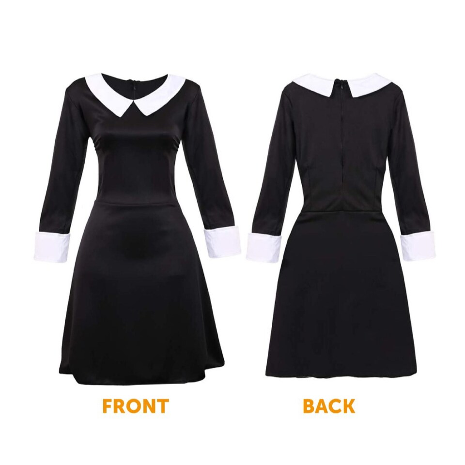 image 1 of Witch Costume - 4 Pcs - Collared Dress, Broom, Cat Toy & Hair Bow | Black | S