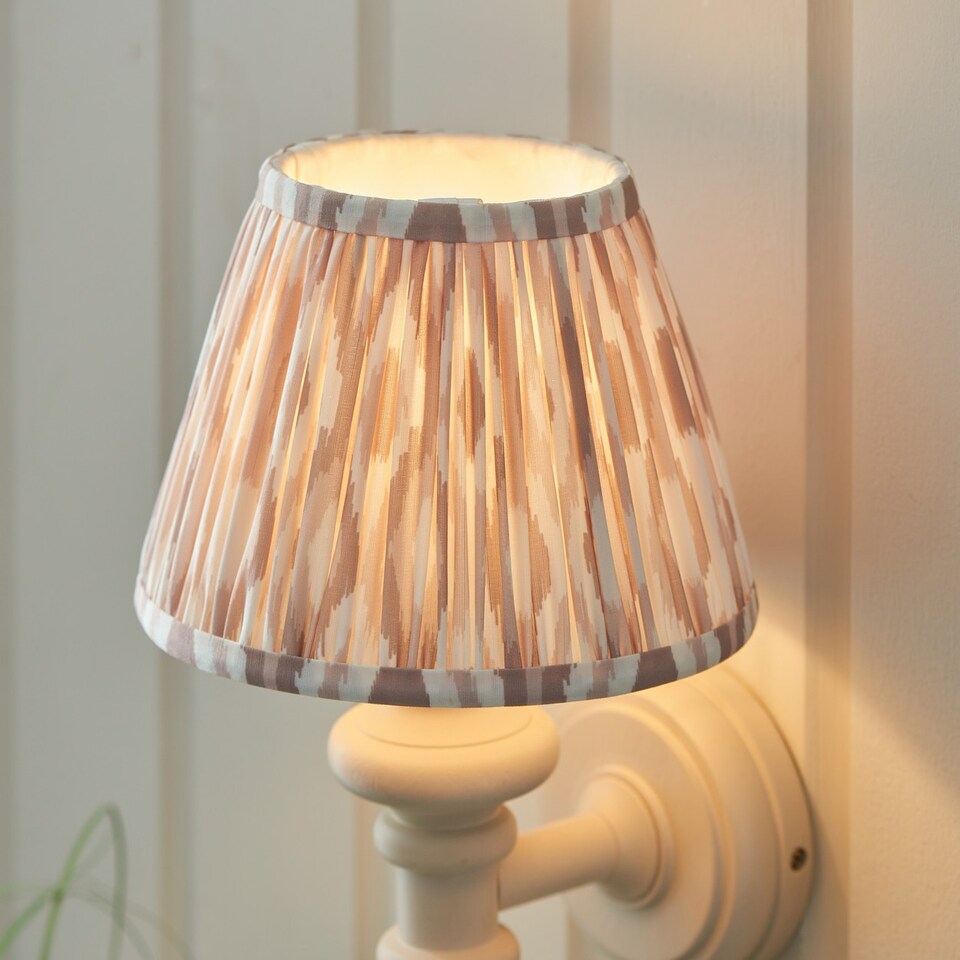 image 1 of Carnaby Satin Almond White Paint Wall Light with Neutral Print Fabric Ikat Shade 20cm B22
