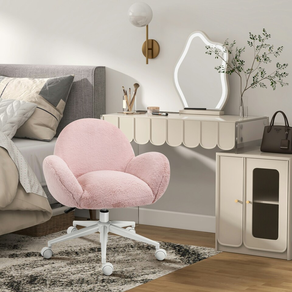 image 1 of HOMCOM Fluffy Leisure Chair Office Chair with Backrest Armrest Wheels Pink