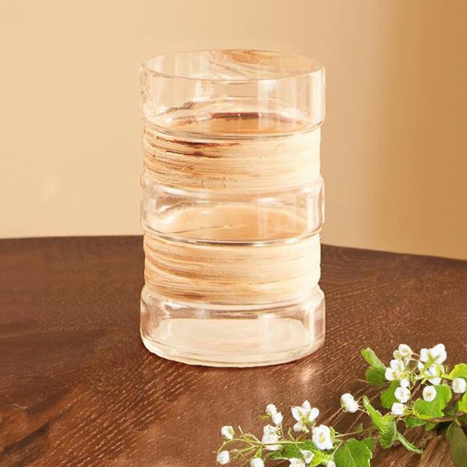 image 1 of Interiors by Premier Medium Glass Vase, Coastal and Textured Tall Glass Vase, Clear Glass and Natural Cane Rustic Vase, Clear Vase Cream