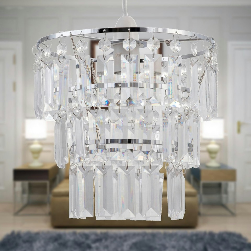 image 1 of First Choice Lighting Set of 2 Three Tier Acrylic Crystal Light Shades Clear | Chrome