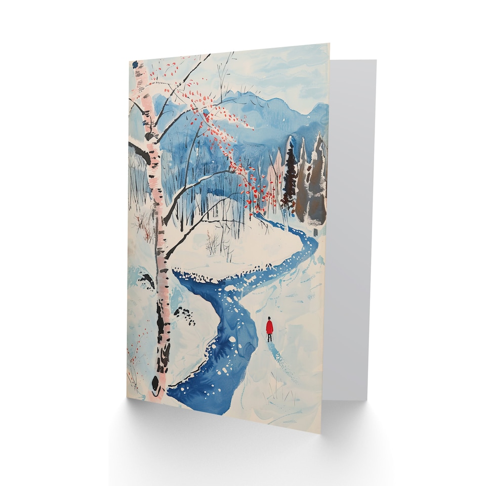 image 1 of Greeting Card Winter Hike By River Forest Snow Landscape Birthday