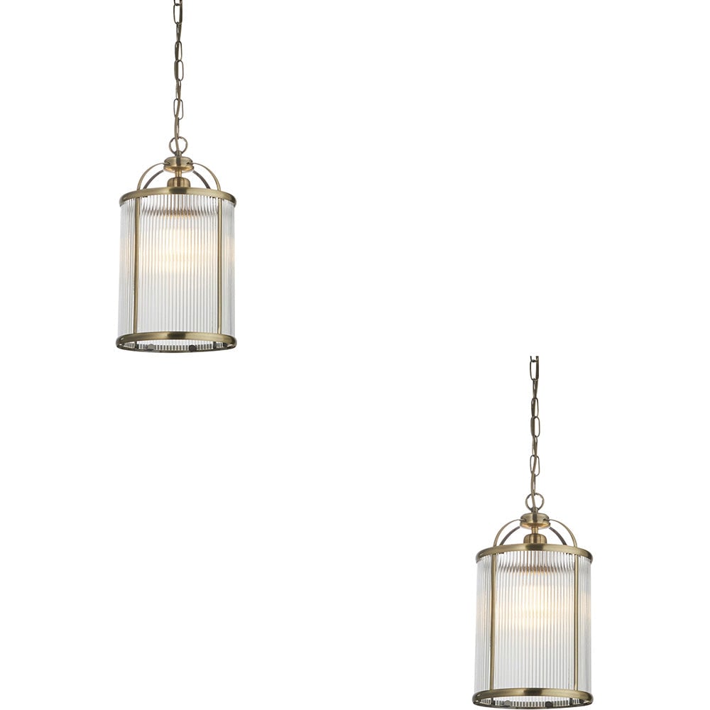 2 PACK Hanging Ceiling Pendant Light - Antique Brass Plate & Clear Ribbed Glass - 10W LED E27