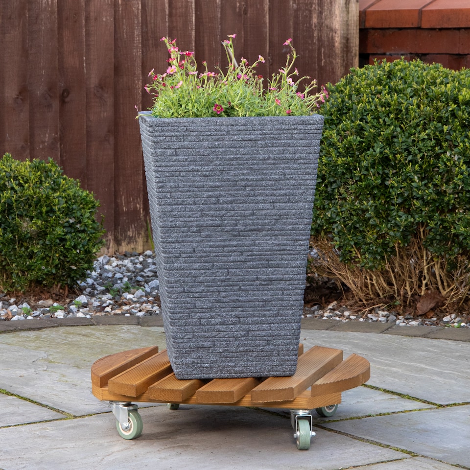image 1 of Tom Chambers Handcrafted Heavy Duty Round Traditional Wood Garden Patio Plant Flower Pot Stand Caddy Trolley Dolly on Strong Metal Castor Wheels Large 50cm | Brown | Brown