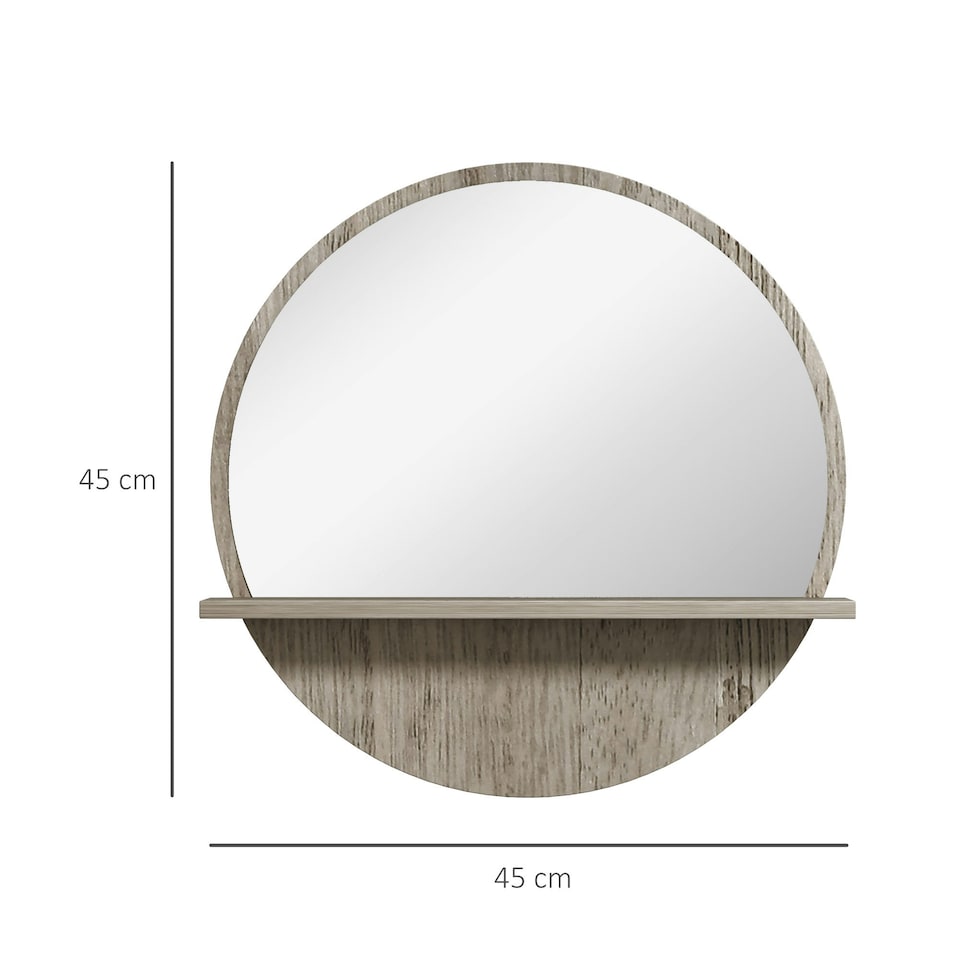 image 1 of kleankin Round Mirror for Wall Makeup Mirror with Shelf Grey Wood Effect