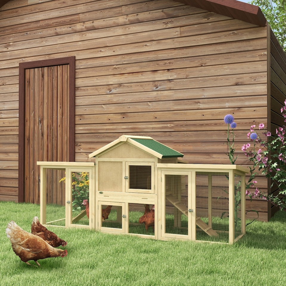 image 1 of PawHut Large Chicken Coop with Run Garden Hen House Poultry Coops Cages with Nesting Box Wooden 204 x 85 x 93cm, Natural Wood Finish