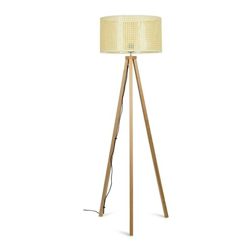image 1 of ValueLights Barbro Wood Tripod Floor Lamp Wicker Shade & Bulb