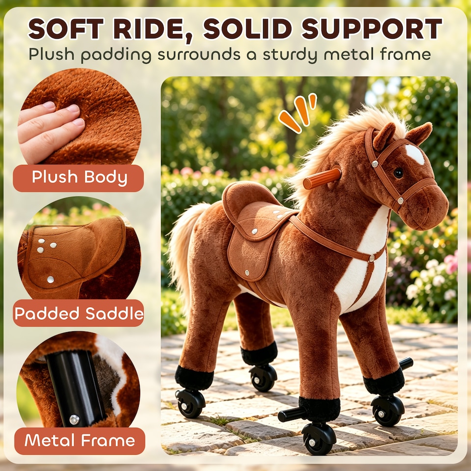 image 1 of HOMCOM Kids Walking Ride on Horse Toy Plush Walk Pony with Wheels Sound