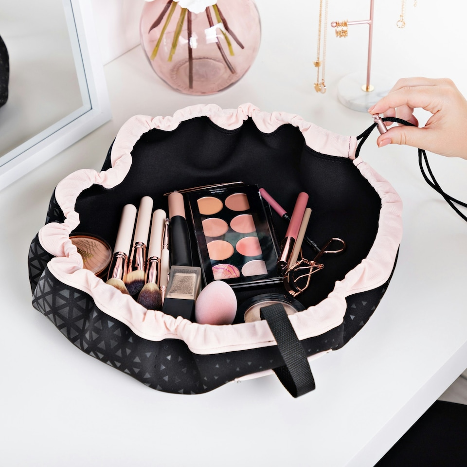 image 1 of Minky Scrunchie Beauty Bag – Black & Pink