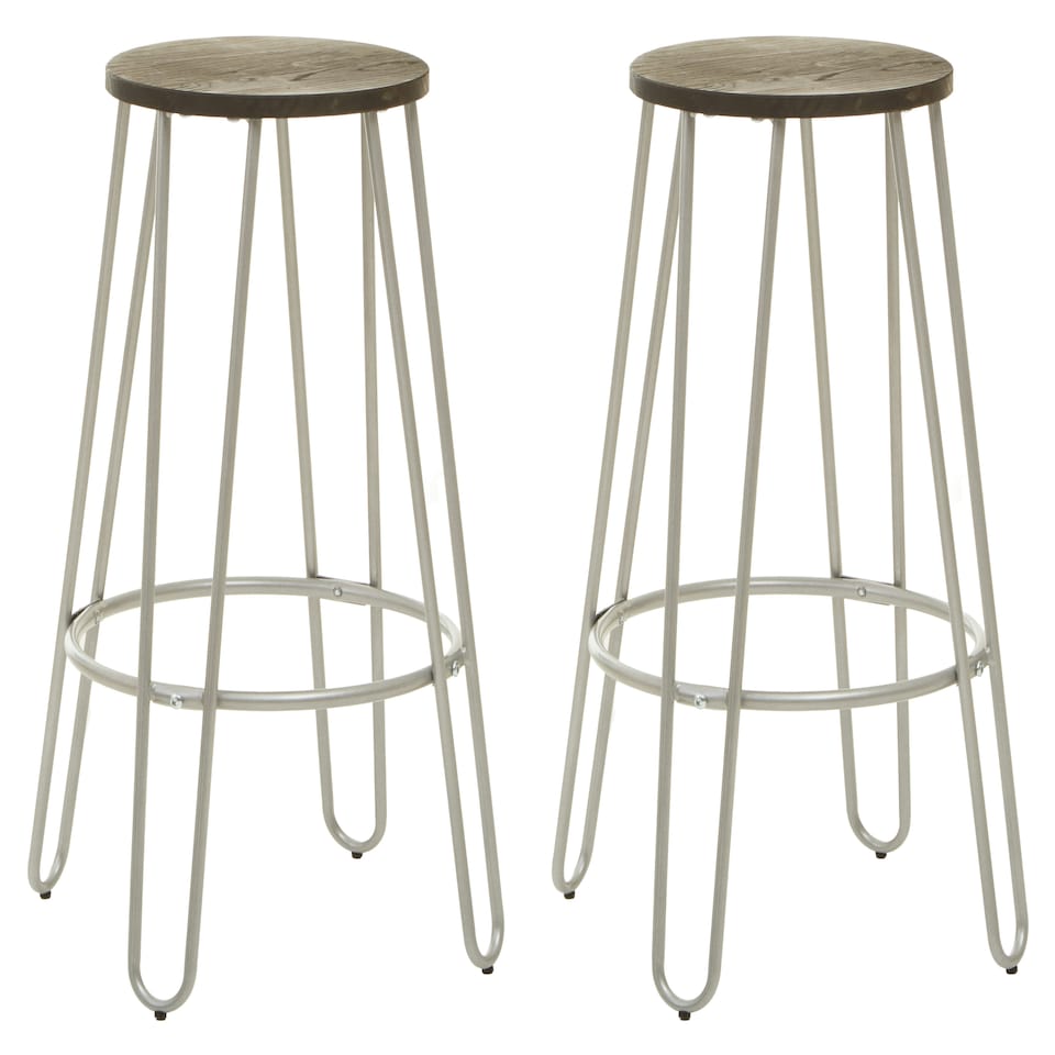 image 1 of Interiors by Premier Set of 3 Silver Frame Bar Table Stool Set , Hairpin Stool for Kitchen Counter, Elm Wood Metal Frame Stool