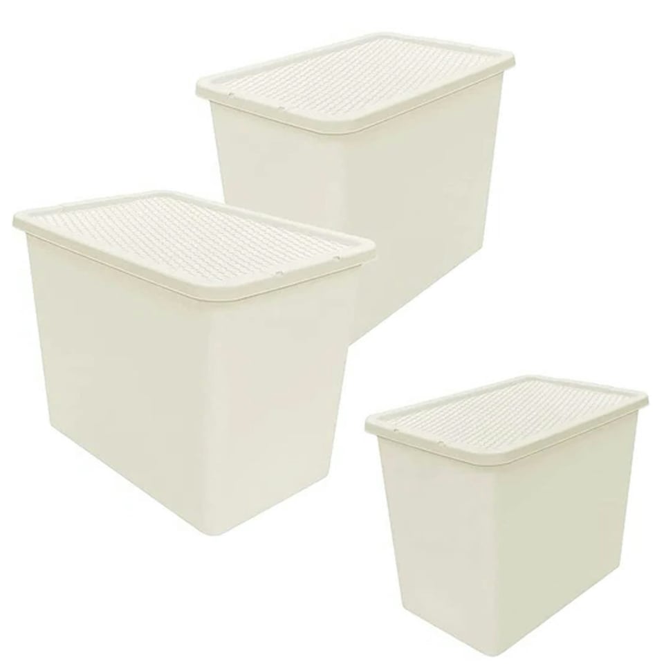 image 1 of 2 x Large Cream Stackable 80 Litre Plastic Rattan Storage Containers With Lids Cream