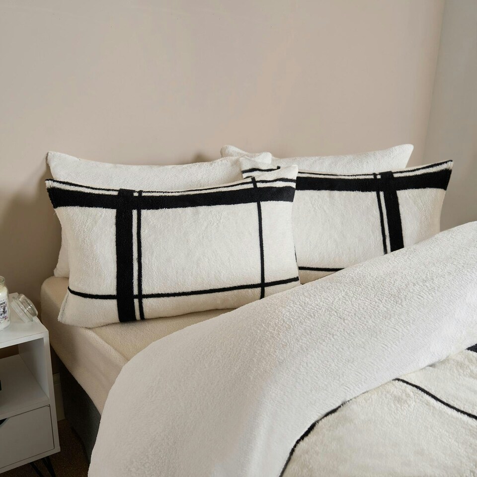 image 1 of OHS Oakley Grid Check Soft Teddy Fleece Duvet Cover and Pillowcase Bedding Set, Single - Natural/Black