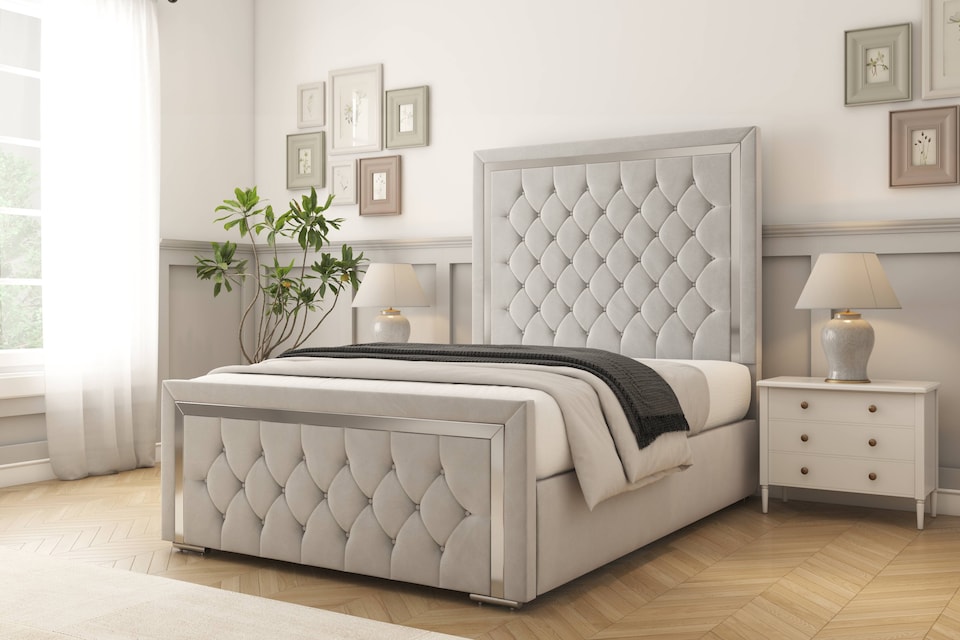 image 1 of Sloomy Sofia Chrome Silver Plush Bed Frame With Mattress With 50" Upholstered Headboard 4' Small Double