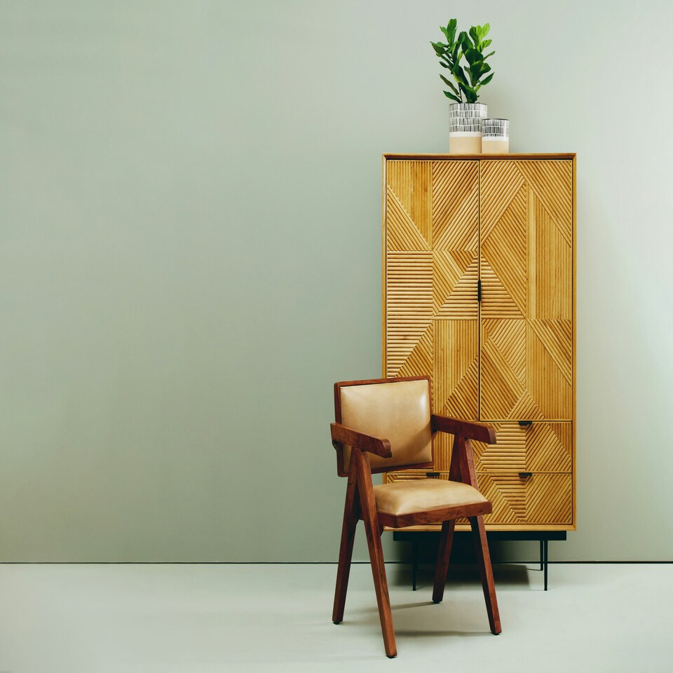 image 1 of Interiors by Premier Natural Wooden Cabinet, Carved Geometric Wood-Effect Front, Rustic Wood Storage Cabinet on Black Metal Legs Brown