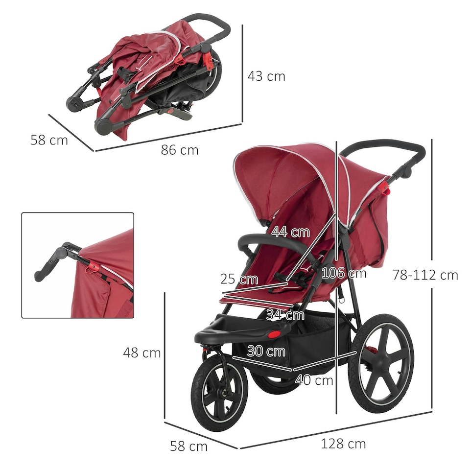 image 1 of HOMCOM Foldable Three-Wheeler Baby Stroller w/ Sun Canopy, Storage - Red