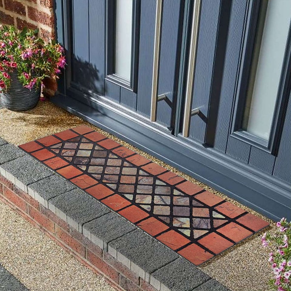 image 1 of Nicoman Rubber Elegant Red Tile Narrow Doormat - 75x25cm Pack of 2 | Red | Set of 2