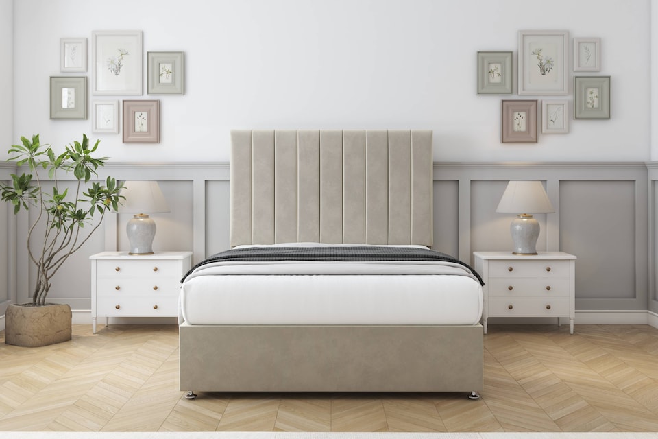image 1 of Sloomy Kansas Cream Plush Divan Bed Base No Drawers With 54 Inch Floor Standing Headboard | Cream | Cream | Small Single | 1