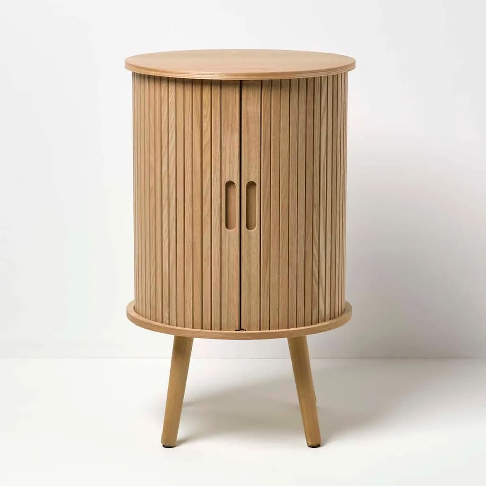 image 1 of Homescapes Modern Side Table, Round Cabinet with Sliding Tambour Doors, 65cm