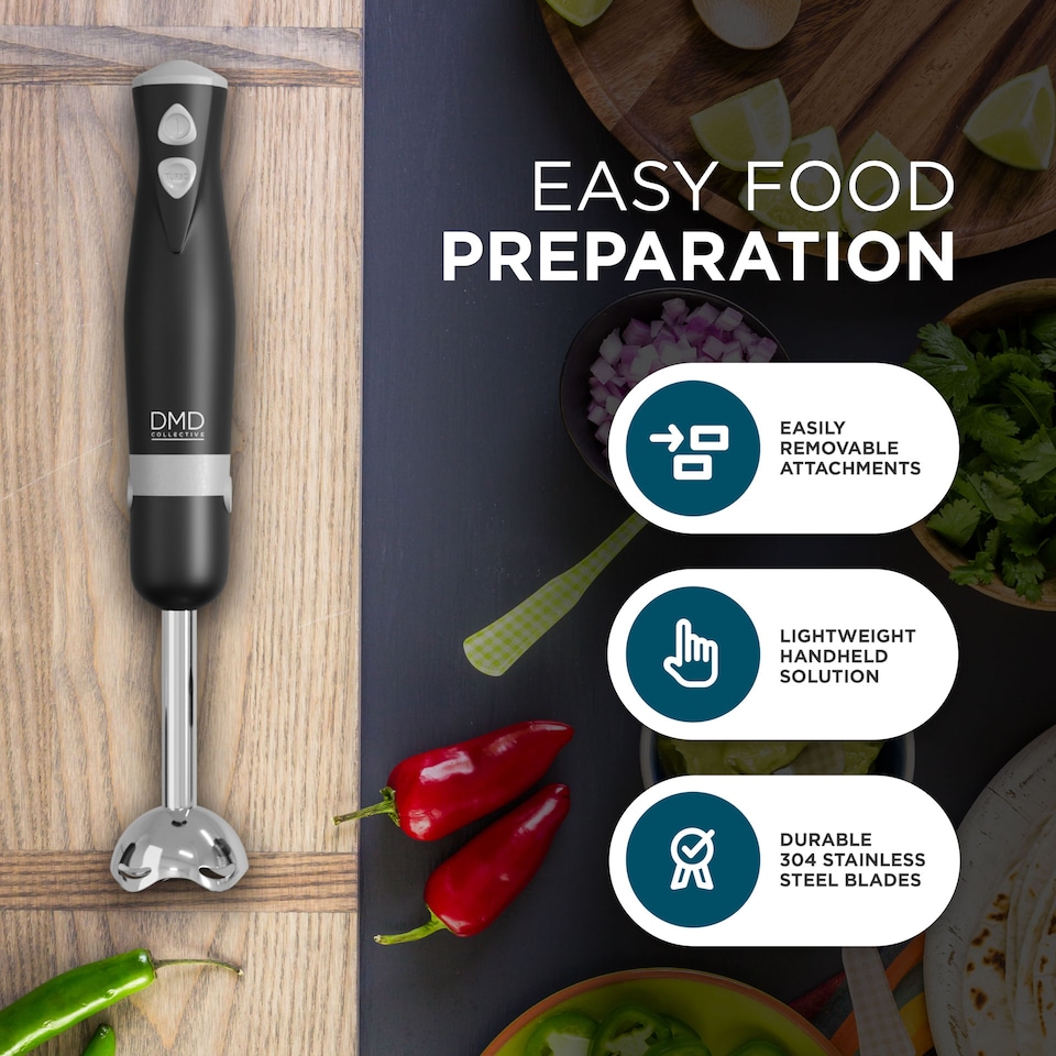 image 1 of DMD 5-In-1 Immersion Hand Blender Set, Fruit & Veg Mini Chopper & Whisk Attachment, Stainless Steel Cutting Edges, Compact Food Processor | Black