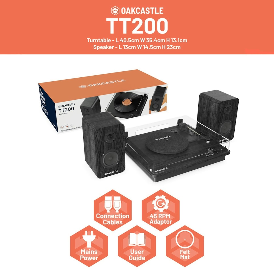 image 1 of Oakcastle TT200 Record Player | Built in Speakers 20W | 33/45/78 RPM | Separate Bookshelf Speakers 50W