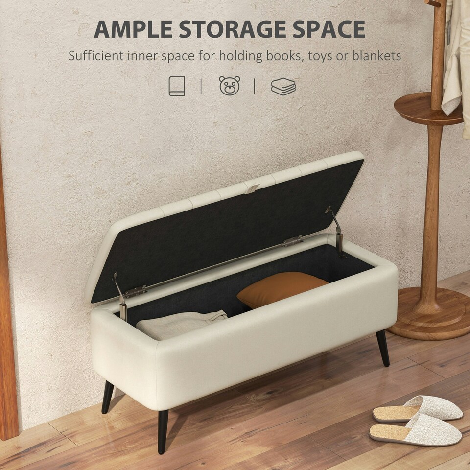 image 1 of HOMCOM Storage Ottoman Bench, Linen Fabric Footstool with Steel Legs Cream White