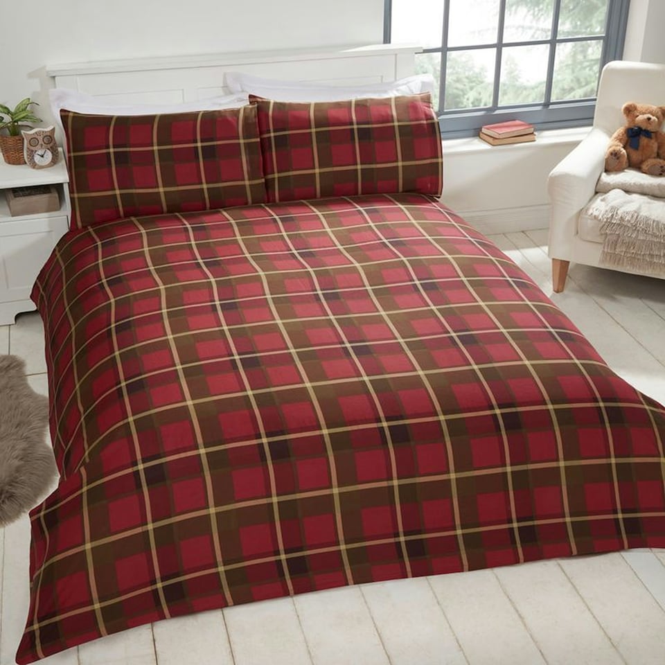 image 1 of Hug Me Bear Check Polycotton Duvet Cover Set with Pillowcase Brown | Natural | Single