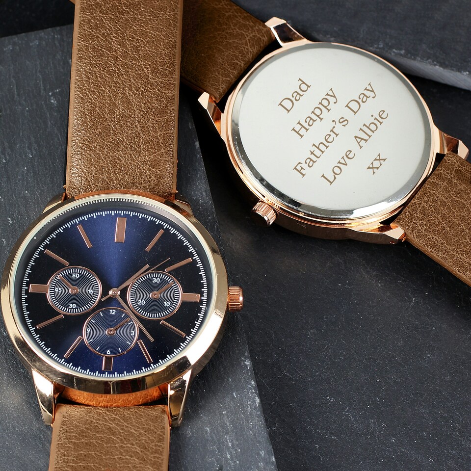 image 1 of Personalised Mens Rose Gold Tone Watch with Brown Strap and Presentation Box
