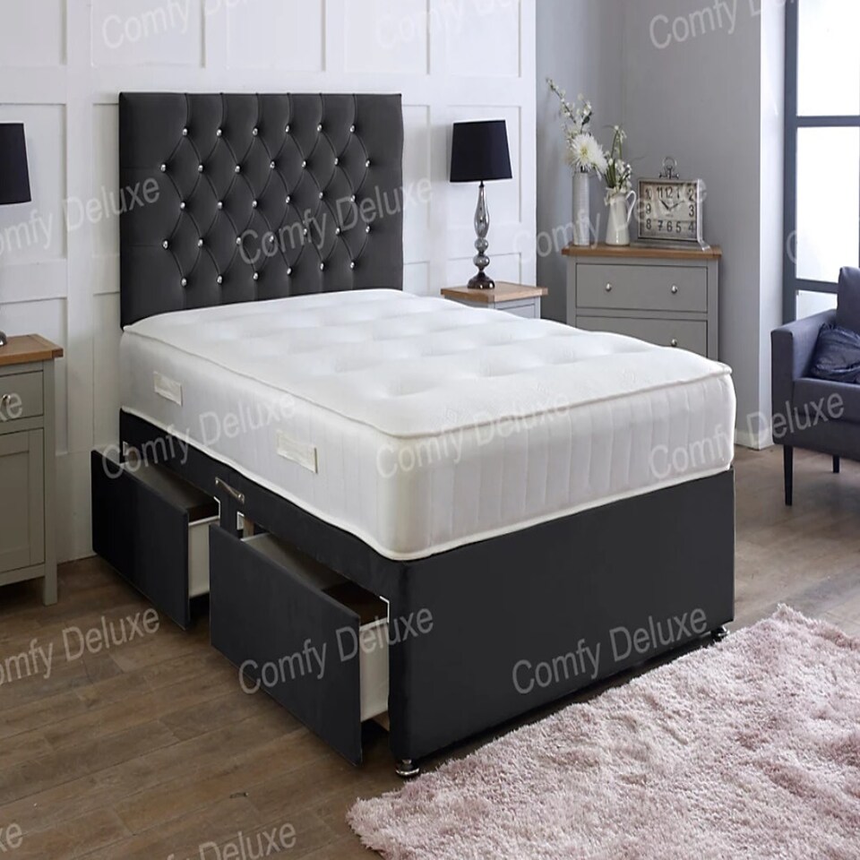 4ft Small Double Black Plush Velvet Divan Bed With Headboard & Memory Sprung Mattress 2 Drawers Same Side
