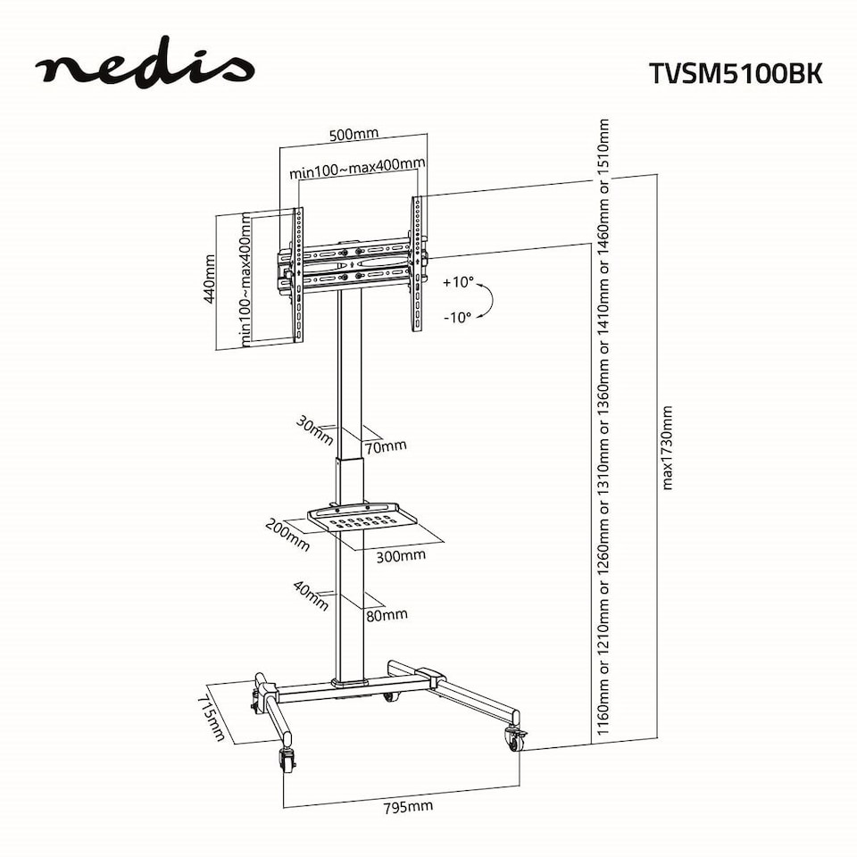 image 1 of Nedis TV Floor Presentation Meeting Stand Lockable Wheeled Trolley 32-55" up to 35 kg, Column Design, Adjustable, Snap-lock, AV Shelf - Black