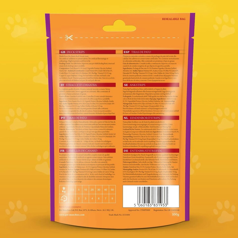 image 1 of Pet Munchies Duck Strips Dog Treats, Premium Grain Free Dog Chews with Natural Real Meat, Low in Fat and High in Protein 90g (Pack of 8)
