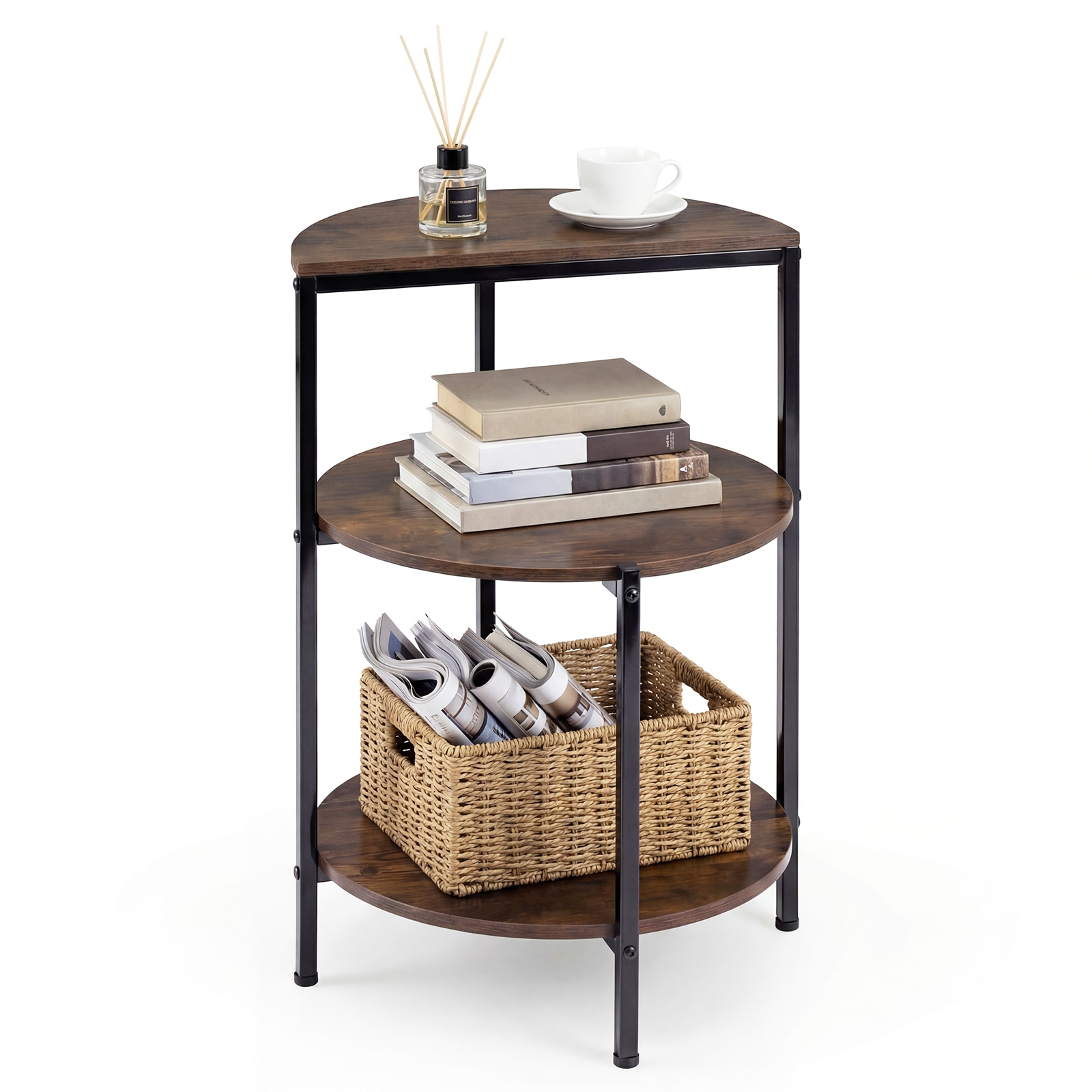 Costway 3-Tier Round Side Table Industrial End Table with Storage Shelves in Brown