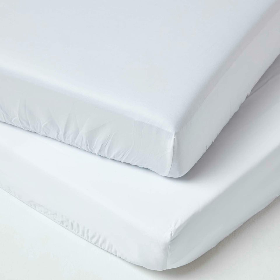 image 1 of Homescapes White Organic Cotton Fitted Cot Sheets 400 Thread Count, 2 Pack | White | One Size