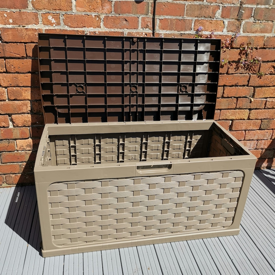 image 1 of 335 Litre Rattan Style Garden Cushion Storage Box with Sit on Lid – Dark Brown