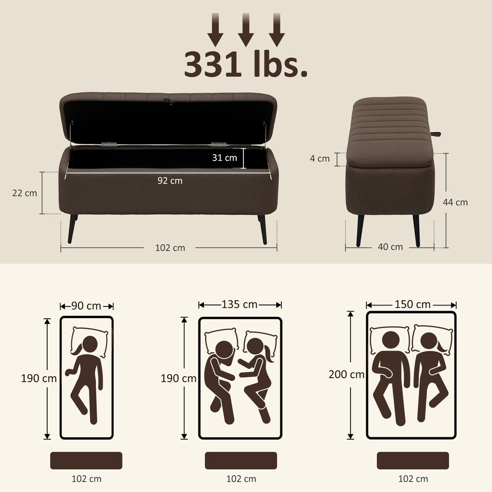 image 1 of HOMCOM Storage Ottoman Bench, Linen Fabric Footstool with Steel Legs Brown