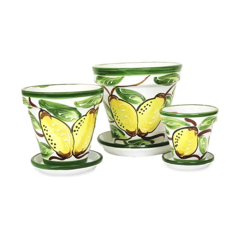 image 1 of Verano Spanish Ceramics Set of 3 Plant Pots & Drainage Plates - 16-29cm Lemons
