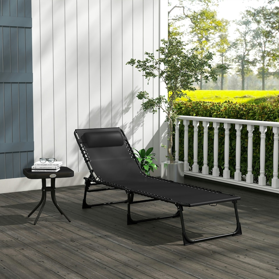 image 1 of Outsunny Folding Beach Chair Chaise Lounge 4 Adjustable Positions, Black
